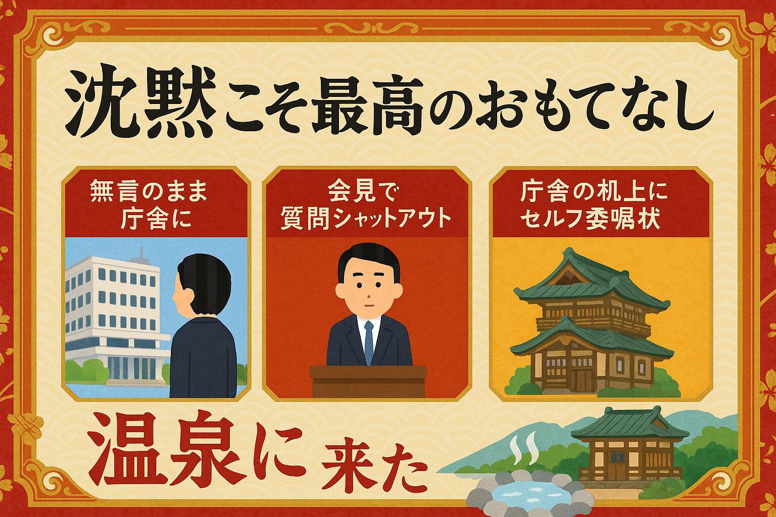 「沈黙こそ最高のおもてなし」と大きく書かれた伊東市の風刺観光ポスター。無言で庁舎に入る市長、会見で質問拒否する姿、机に置かれた委嘱状のイラスト、温泉と建物のイメージが描かれている。