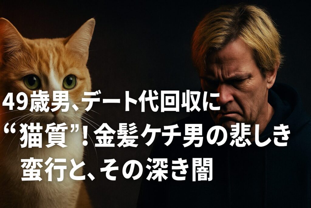 暗い背景に金髪の中年男性と不安そうな表情の猫。中央に『49歳男、デート代回収に“猫質”！金髪ケチ男の悲しき蛮行と、その深き闇』という白い文字が配置された週刊誌風のアイキャッチ画像。