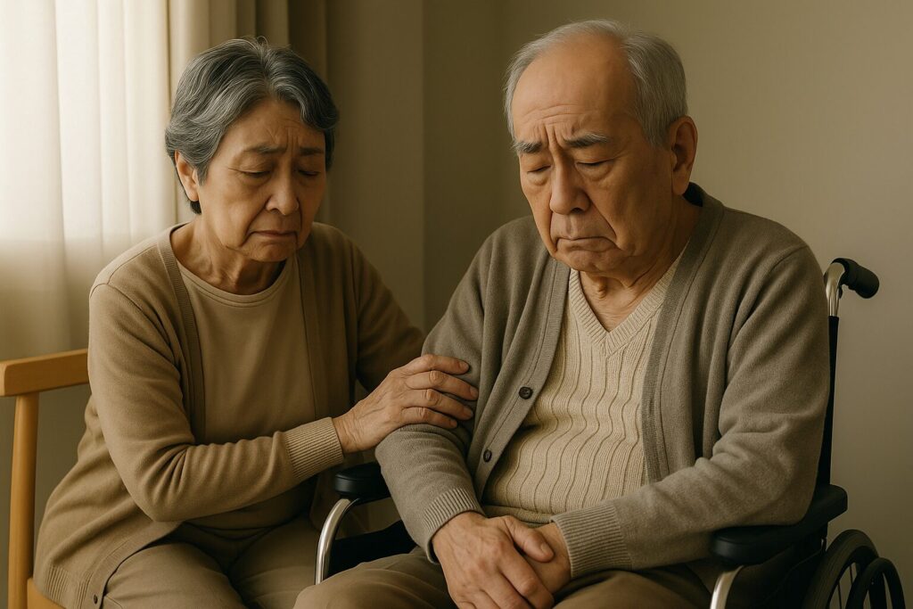 高齢の女性が、車椅子に座る高齢の男性の肩に優しく手を添え、2人とも深く悲しそうな表情で下を向いている。室内で寄り添う夫婦の姿から、介護や心の重荷、家族の苦しみや切なさが伝わる場面。