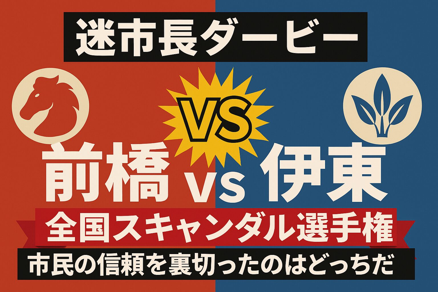 赤と青のツートン背景に、馬のシルエット(前橋)と三枚葉のシンボル(伊東)のイラスト。中央に大きく「迷市長ダービー VS 前橋vs伊東 全国スキャンダル選手権 市民の信頼を裏切ったのはどっちだ」と太字で書かれている、対決企画を強調したインパクトのあるバナー画像。