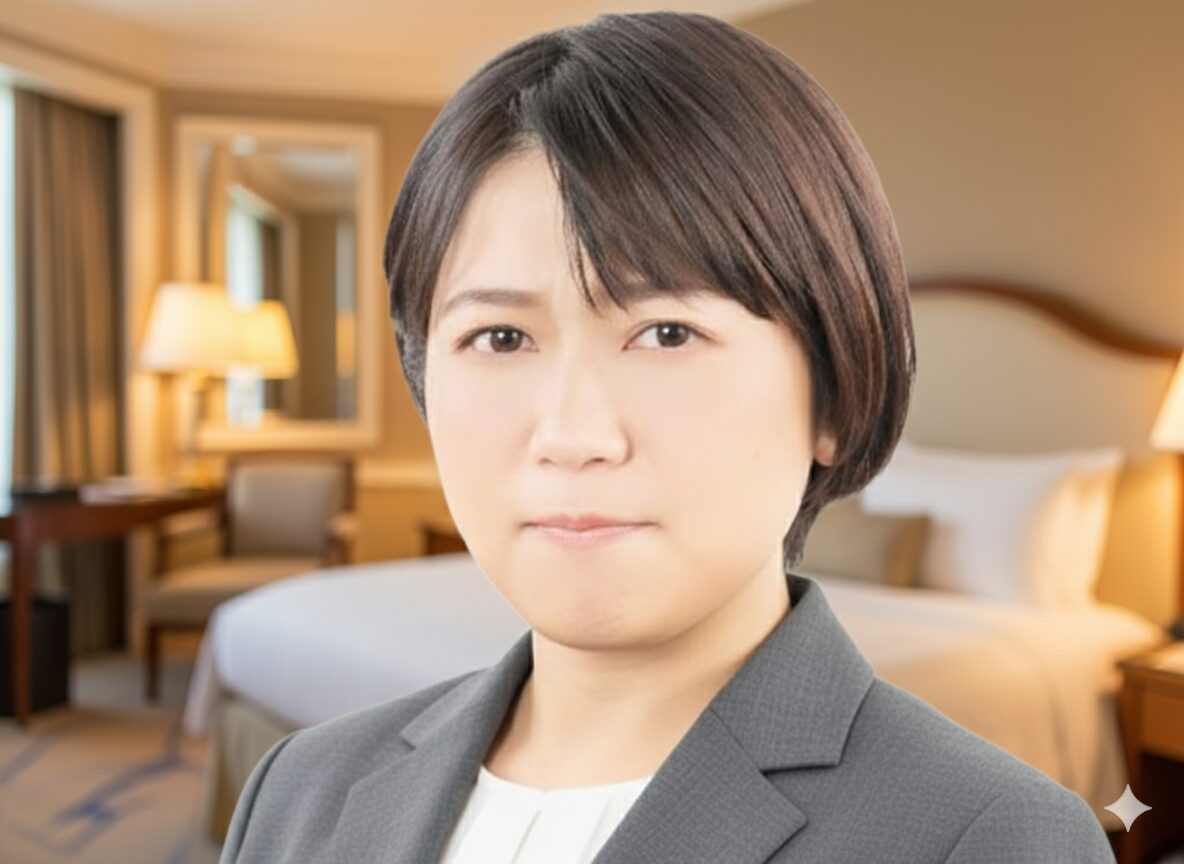 ビジネススーツを着た日本人女性が、ホテルの部屋を背景に、わずかに不機嫌そうな表情で正面を見ている。