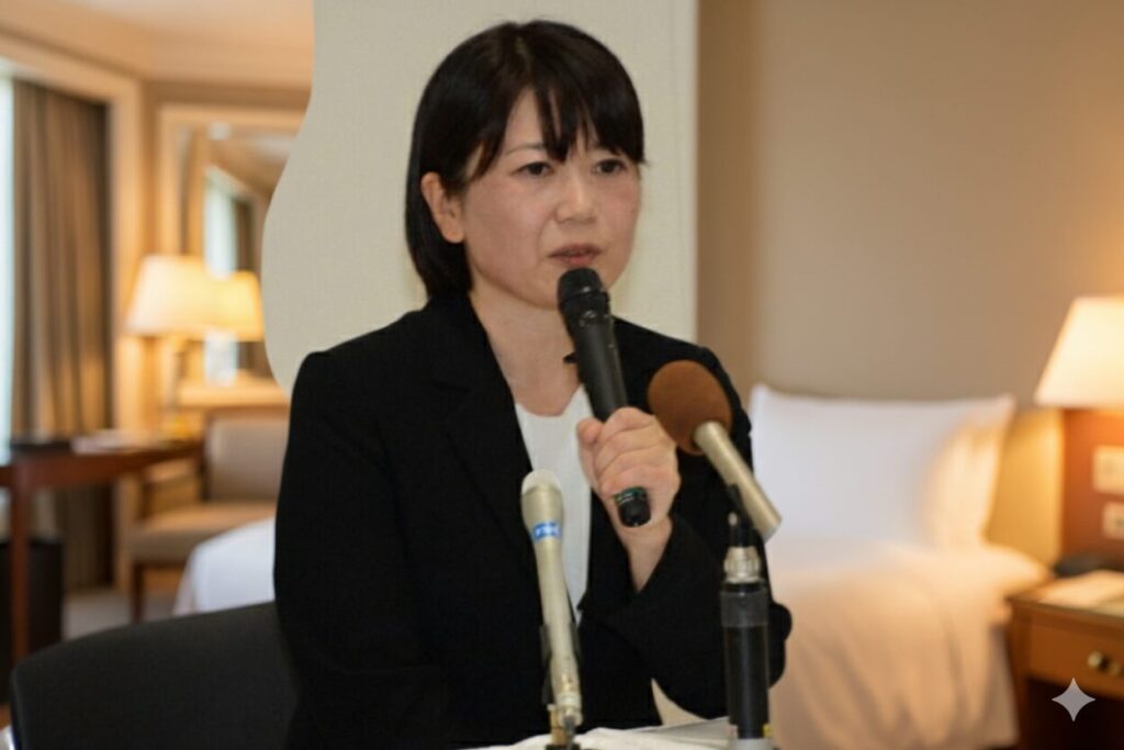 ビジネススーツを着た日本人女性が、ホテルの部屋を背景に、マイクを持ってやつれた表情で話している。