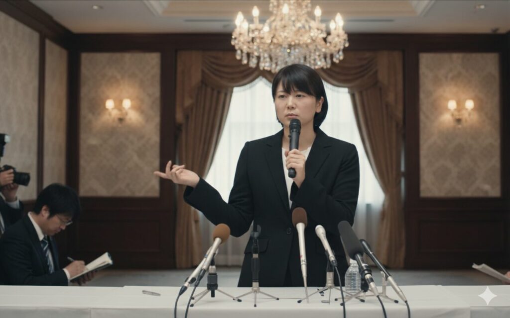画像には、ホテルの豪華な会議室で記者会見をしている女性が写っています。彼女は黒いスーツを着てマイクを持ち、やや不機嫌そうな、あるいは威圧的な表情で話しています。背景にはシャンデリア、装飾された壁、カーテンが飾られた窓が見えます。手前のテーブルには複数のマイクが並べられ、数人の記者がメモを取っている様子がうかがえます。