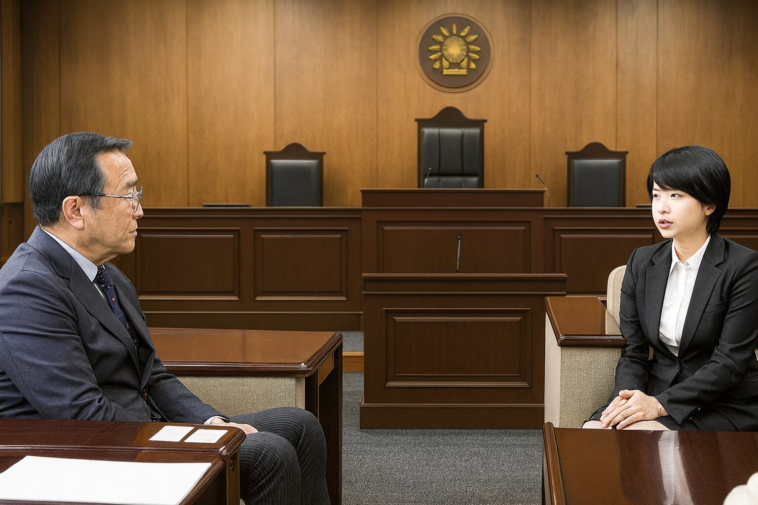 法廷の中で、年配の男性と若い女性が真剣な表情で話し合っている。背後には裁判官席と木製の法廷装飾が見える。