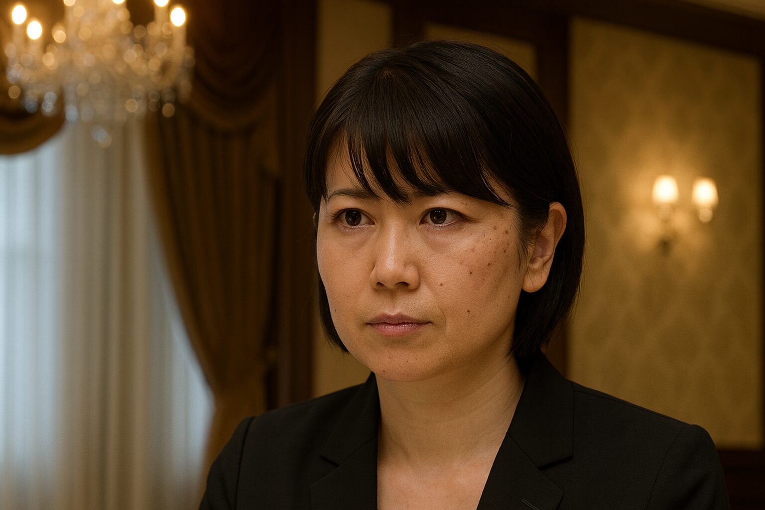 フォーマルな黒いスーツを着た女性が、重厚なカーテンとシャンデリアがある部屋で真剣な表情を浮かべている