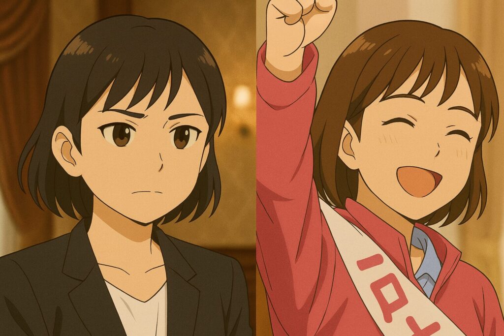 スーツ姿で真剣な表情を見せる女性(左)と、選挙用タスキをかけて笑顔で拳を上げる女性(右)の対比。政治家や市長候補を思わせるアニメ風イラストで、立場や状況の違いを象徴的に描写している。