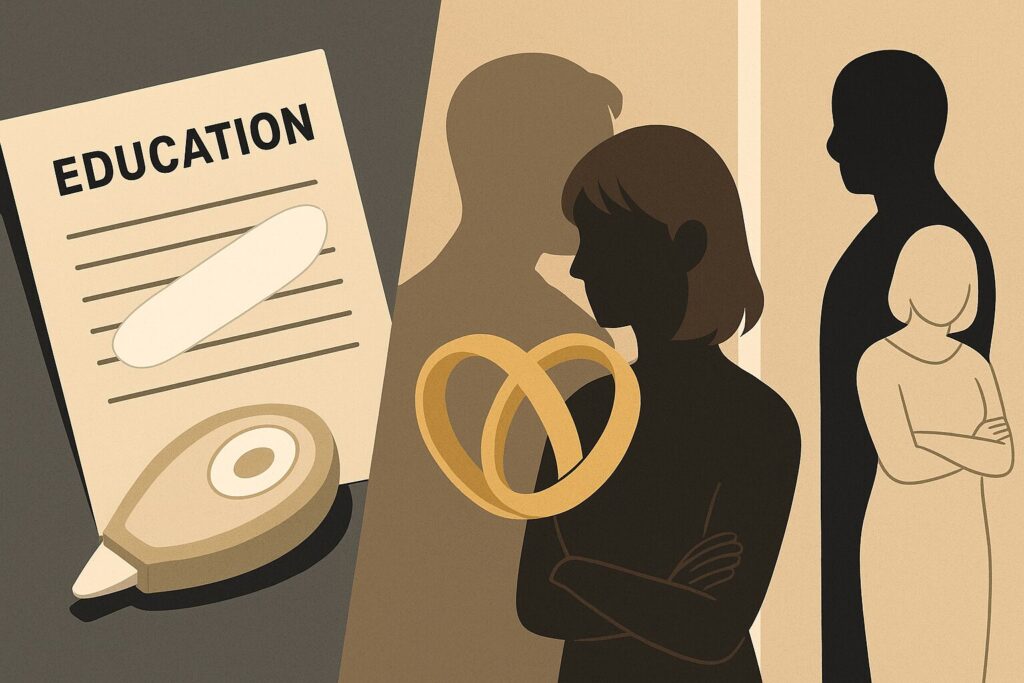 学歴詐称、不倫、セクハラを象徴するイメージ。修正テープと絆創膏が貼られた履歴書、交差する指輪、背を向けたシルエットの男女とその影、対立や不快感を示す人物の構図が抽象的に表現されている。