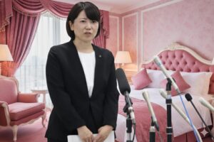 画像には、ピンク色の内装のホテルの一室を背景に、スーツ姿の小川晶前橋市長がマイクの前に立って話している様子が写っています。市長は真剣な表情で前を見据えており、部屋には豪華なカーテンやベッド、アームチェアが見えます。