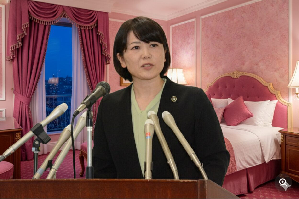 ピンクを基調とした豪華なホテルの部屋を背景に、正面を向いて微笑む前橋市長の小川晶氏。