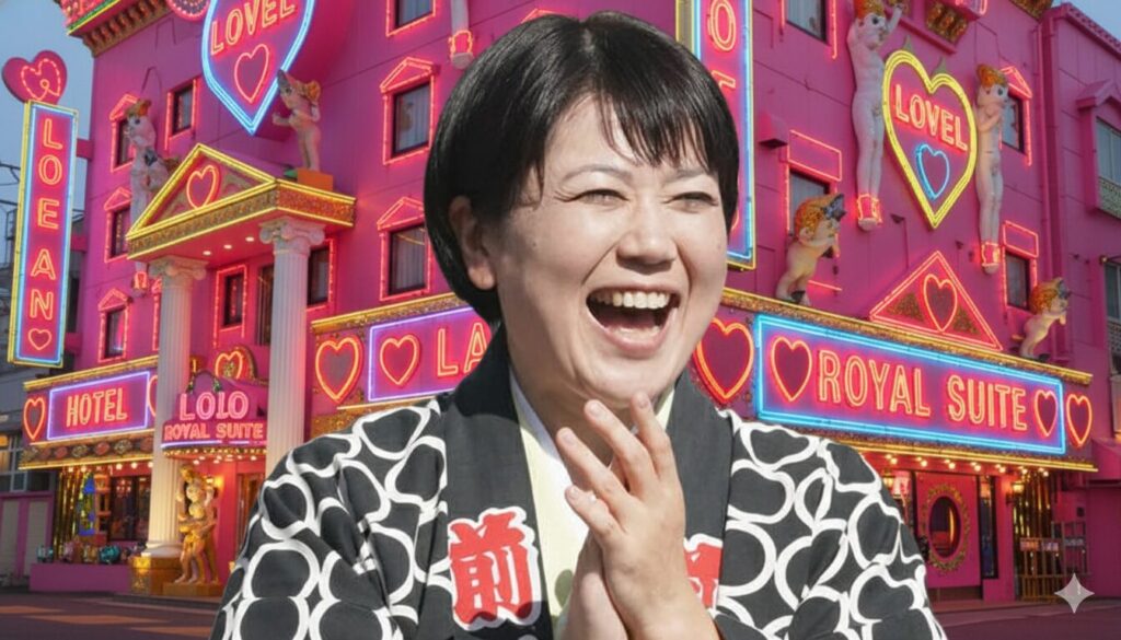 小川晶前橋市長が法被を着て笑顔で手を合わせている。背景には「LOVE」や「ROYAL SUITE」と書かれたネオンサインが輝く、派手なピンク色のラブホテルが合成されている。