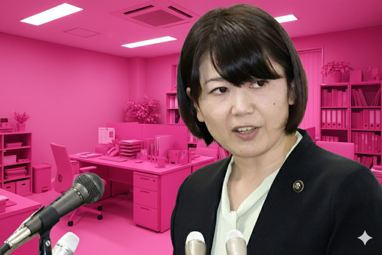 黒いジャケット姿の小川晶前橋市長が、神妙な面持ちで記者会見に臨んでいる。背景は、デスク、椅子、棚などが全てピンク色に統一されたオフィスに差し替えられている。