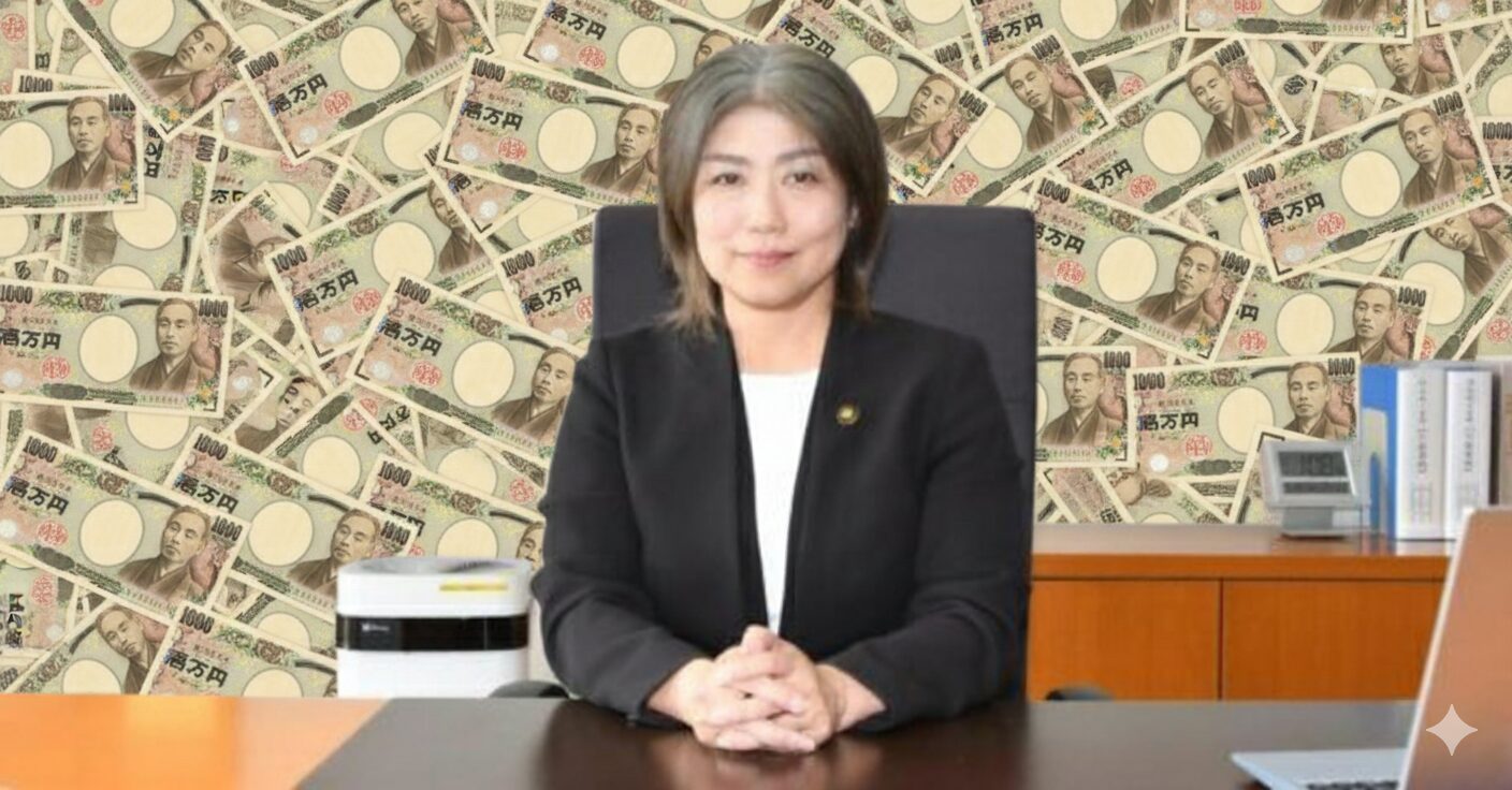 札束が敷き詰められた背景の前に座り、正面を見据える伊東市長・田久保眞紀氏。