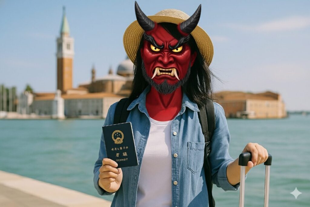 麦わら帽子とデニムシャツを着た女性が中国のパスポートを持ち、顔は赤い鬼の面のような表情に加工されている。背景は青い水面と歴史的な建物が並ぶヨーロッパ風の街並み。
