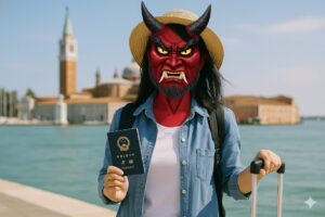麦わら帽子とデニムシャツを着た女性が中国のパスポートを持ち、顔は赤い鬼の面のような表情に加工されている。背景は青い水面と歴史的な建物が並ぶヨーロッパ風の街並み。