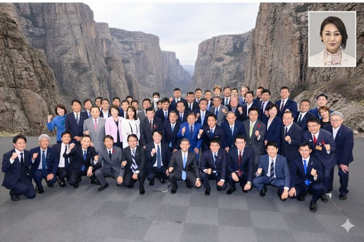 断崖絶壁を背景にポーズをとる小泉進次郎氏を中心とした議員たちの集合写真。右上には、卒業アルバムの欠席者のように三原じゅん子議員の顔写真が別枠でコラージュされている。