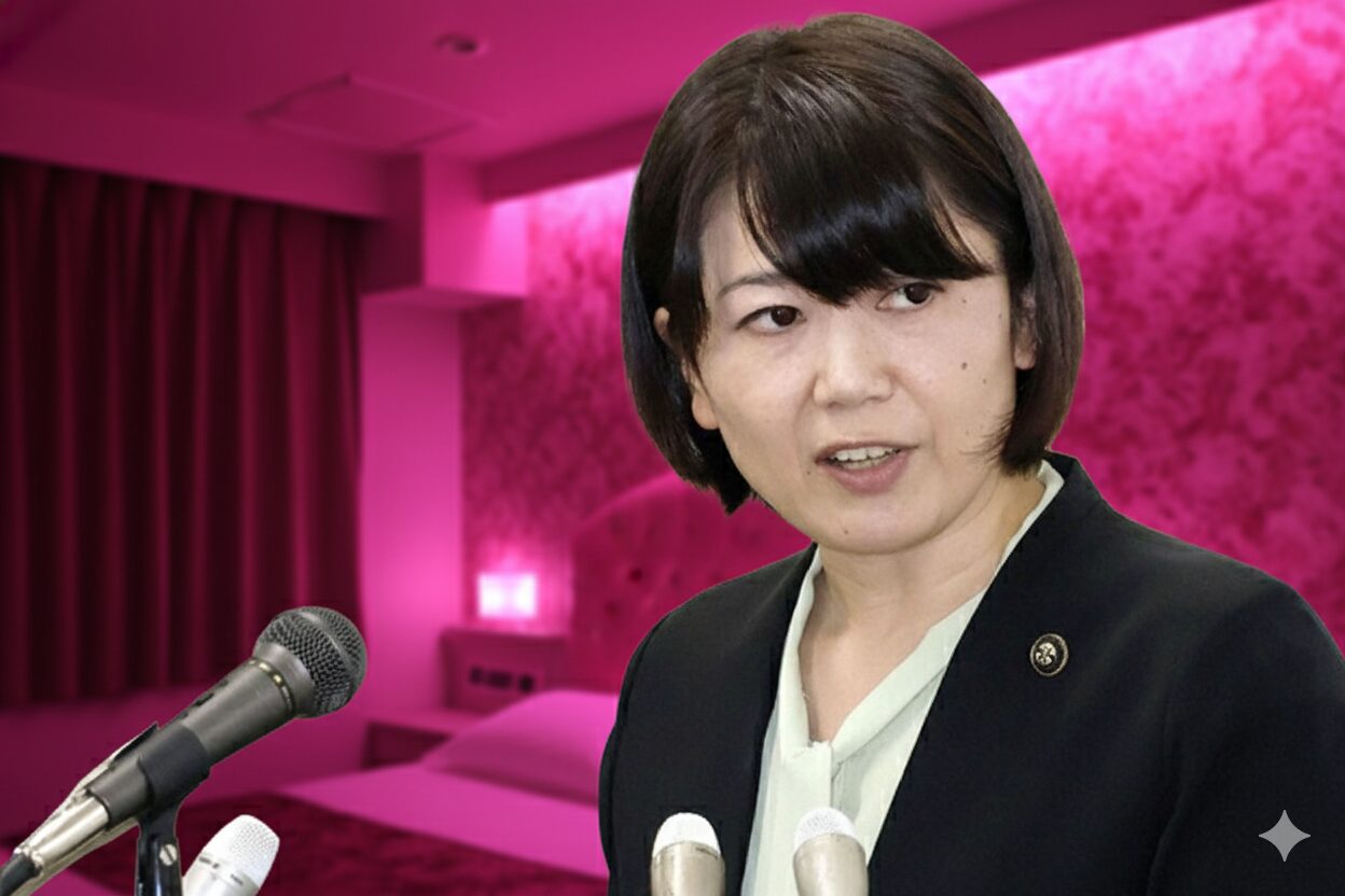 複数のマイクを前に話す小川晶前橋市長。背景がピンク色のラブホテルの室内に合成されている風刺的なコラージュ画像。