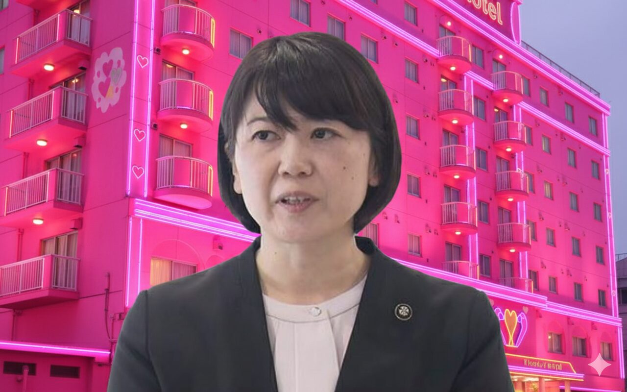 黒いスーツを着用し、真剣な表情でカメラを見つめる前橋市長・小川晶氏の胸上の肖像。彼女の背後には、ネオンの縁取りとハートの装飾が施された、鮮やかなピンク色のラブホテルが合成されている。ホテルには「hotel」の文字と王冠のようなマークが見える。