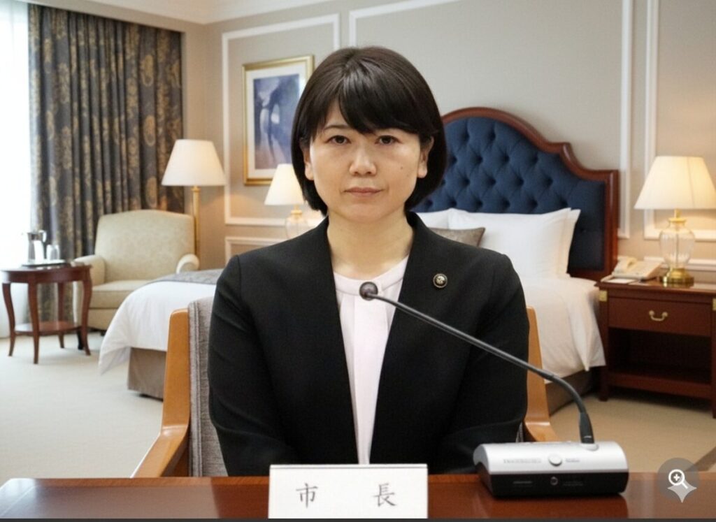 前橋市長が記者会見を行う、豪華なホテルの客室。市長は黒いスーツを着用し、正面をまっすぐ見据えている。机には『市長』と書かれたプレートとマイクが置かれている。