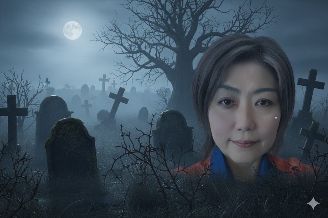 田久保真紀氏の顔写真が、満月の浮かぶ不気味な墓地の背景に合成されている画像