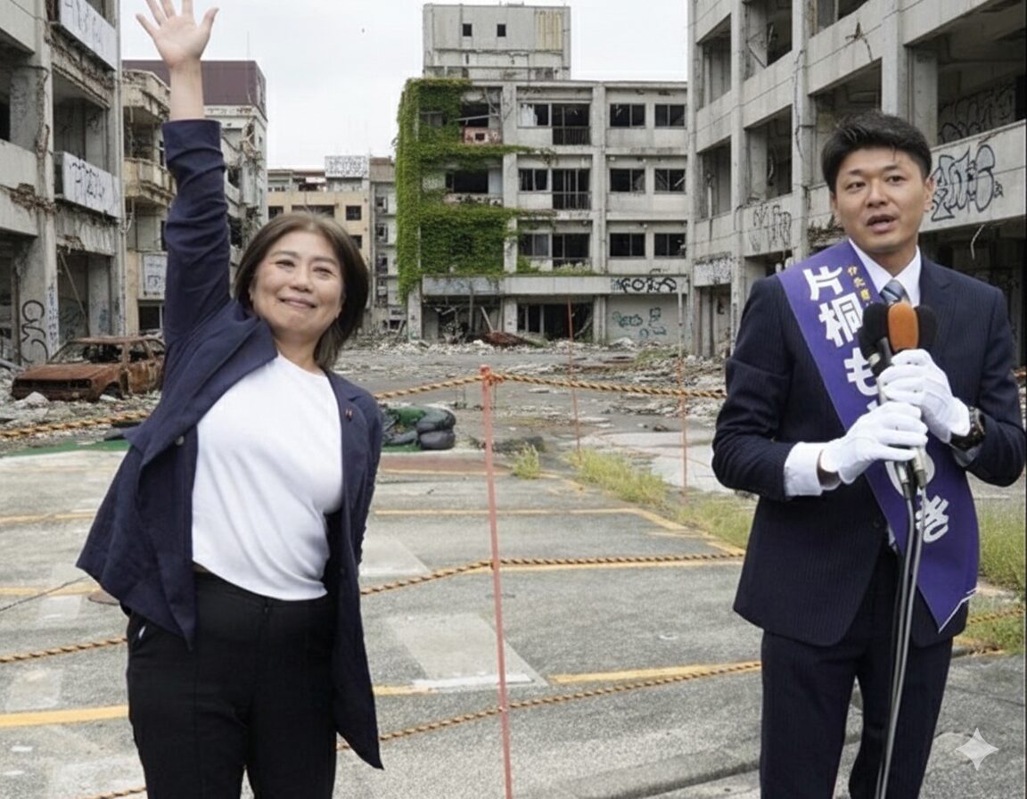 廃墟と化した街並みを背景に、左手に伊東市長の田久保真紀氏が笑顔で片手を上げており、右手にはたすきをかけた男性候補がマイクを持って立っている。男性候補のたすきには「片桐もとまさ」と書かれている。