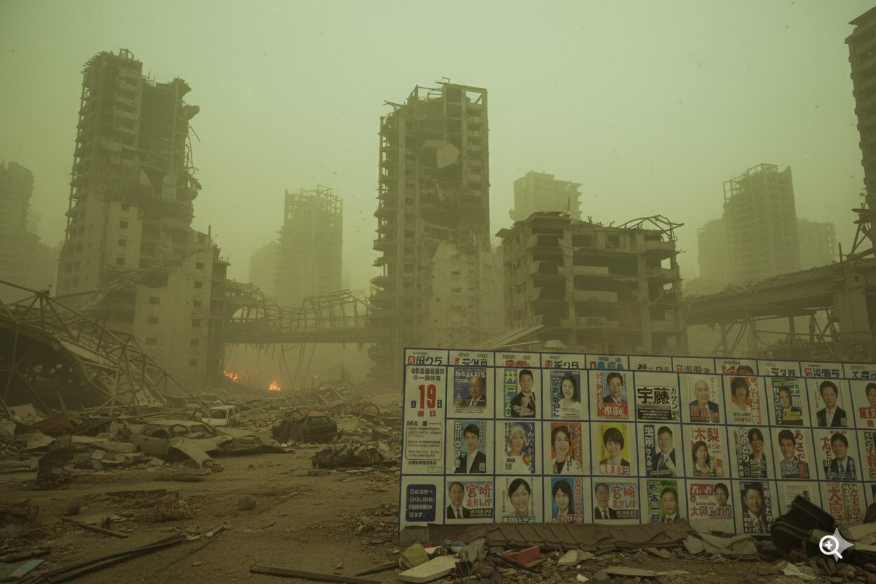 荒廃した世紀末のような廃墟の風景の中に、日本の選挙ポスター掲示板がぽつんと立っている。掲示板には複数の候補者の顔写真と名前が並び、背景には崩壊したビル群と砂埃が舞う不気味な空が広がっている。遠くには炎が見え、瓦礫が散乱している。