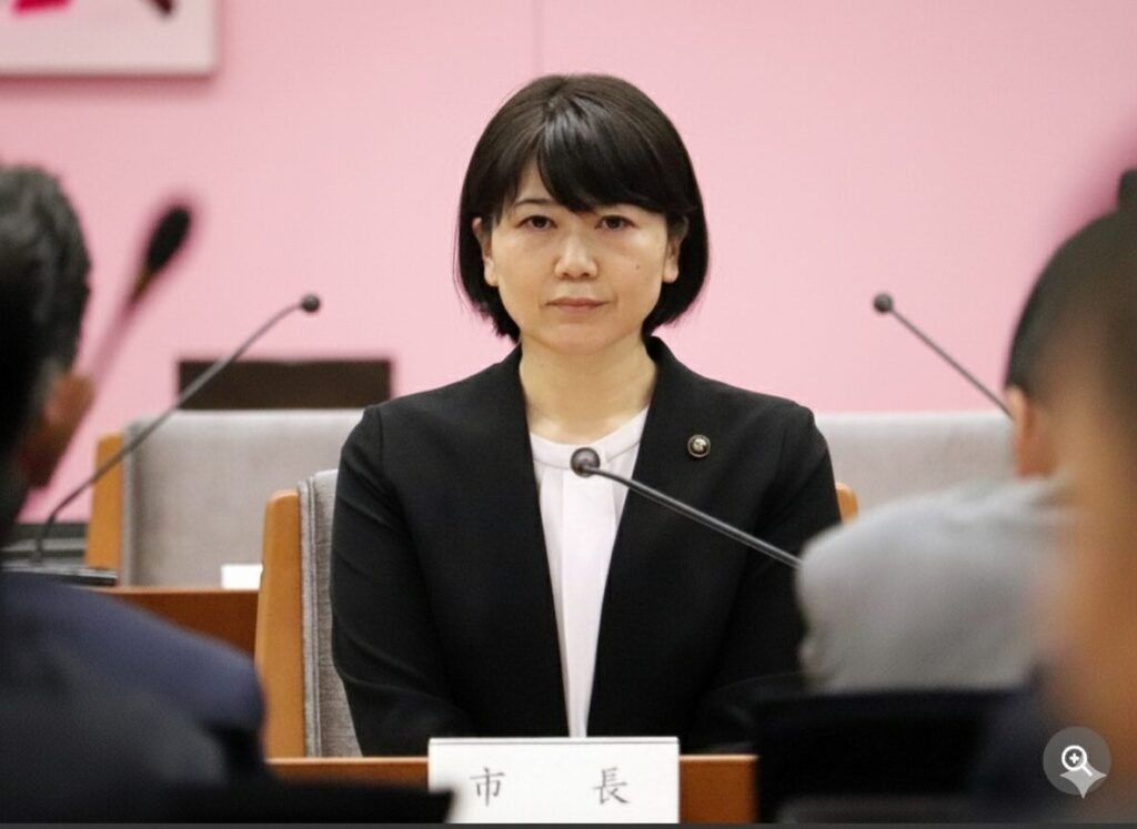 市議会で答弁する小川晶前橋市長。目の前にはマイクと「市長」と書かれた札が置かれている。黒いジャケットを着用し、厳しい表情で前を見据えており、背景のピンクの壁が特徴的。