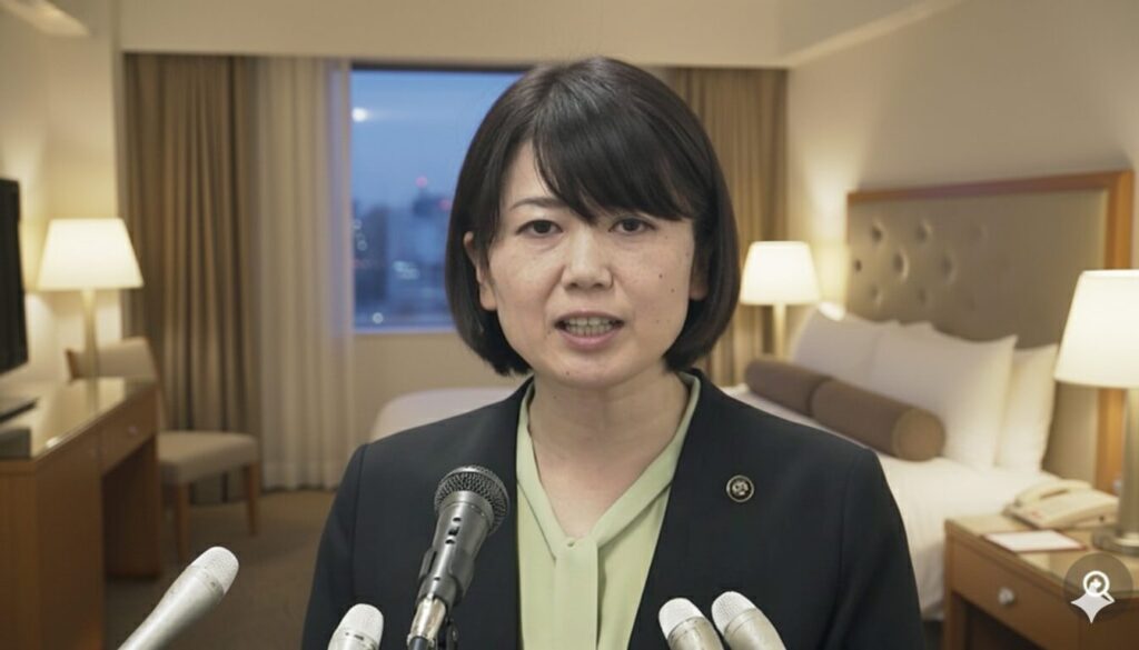 記者会見で発言するスーツ姿の女性政治家。背景はホテルの一室で、ベッドやスタンドライトが映っている。