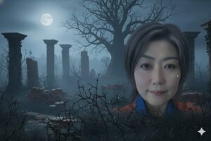 伊東市長・田久保眞紀氏の顔写真と、市政の混乱や崩壊シナリオを象徴する月夜の荒廃した廃墟を合成した画像。