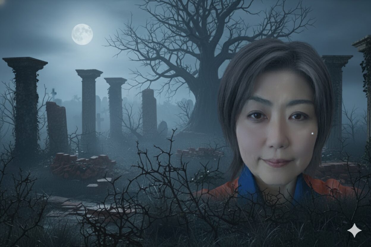 伊東市長・田久保眞紀氏の顔写真と、市政の混乱や崩壊シナリオを象徴する月夜の荒廃した廃墟を合成した画像。