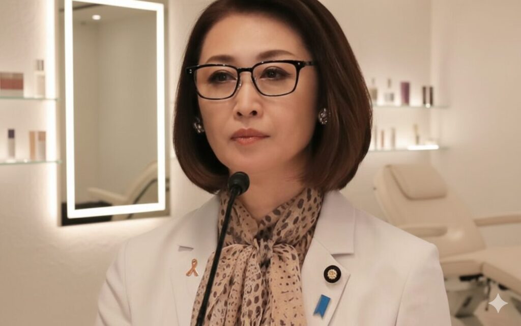 白いジャケットに眼鏡をかけた三原順子大臣。美容クリニックの施術室のような背景で、真剣な表情で会見に臨んでいる。