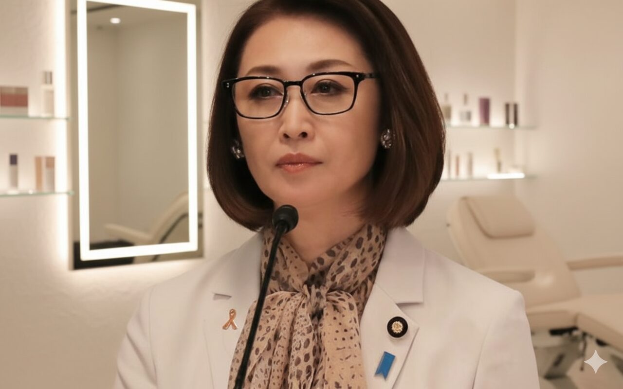 白いジャケットに眼鏡をかけた三原順子大臣。美容クリニックの施術室のような背景で、真剣な表情で会見に臨んでいる。