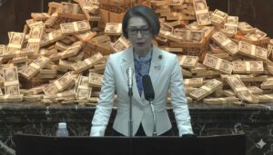 政治家（三原じゅん子議員と思われる女性）が国会のような場所で答弁している姿。背景が大量の札束（1万円札）にコラージュされており、政治と金の問題を風刺している画像。