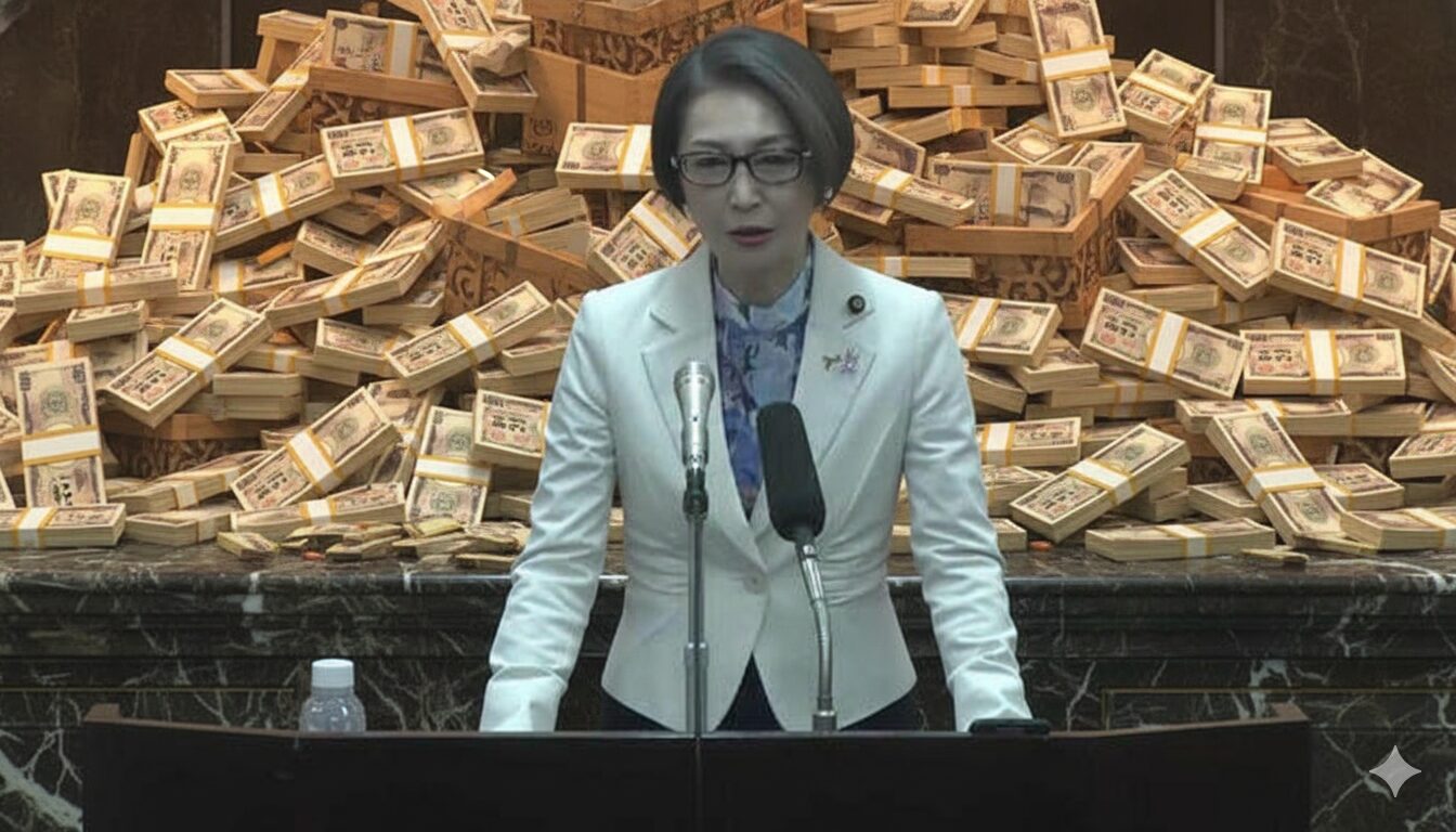 政治家（三原じゅん子議員と思われる女性）が国会のような場所で答弁している姿。背景が大量の札束（1万円札）にコラージュされており、政治と金の問題を風刺している画像。