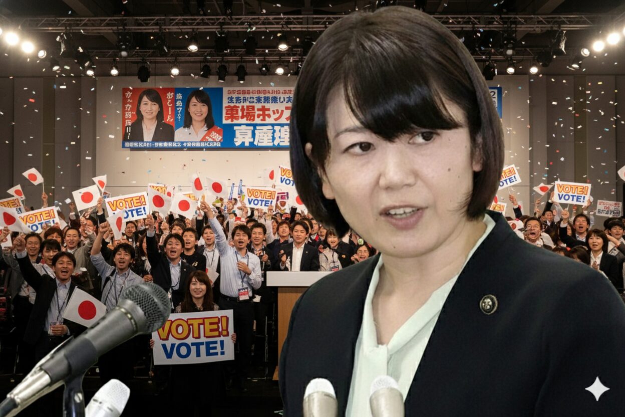 多くの支持者や「必勝」ののぼりが立つ決起大会の会場を背景に、笑顔で正面を見つめる前橋市長の小川晶氏。