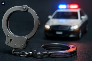 警察の手錠とパトカーの赤と青のランプを背景にしたイメージ 不法行為や逮捕を象徴する写真