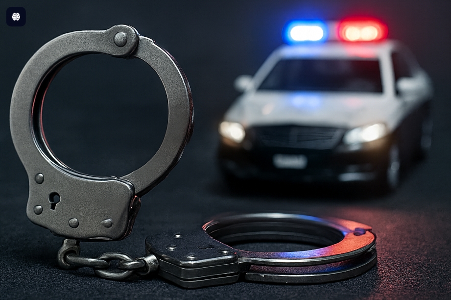 警察の手錠とパトカーの赤と青のランプを背景にしたイメージ 不法行為や逮捕を象徴する写真