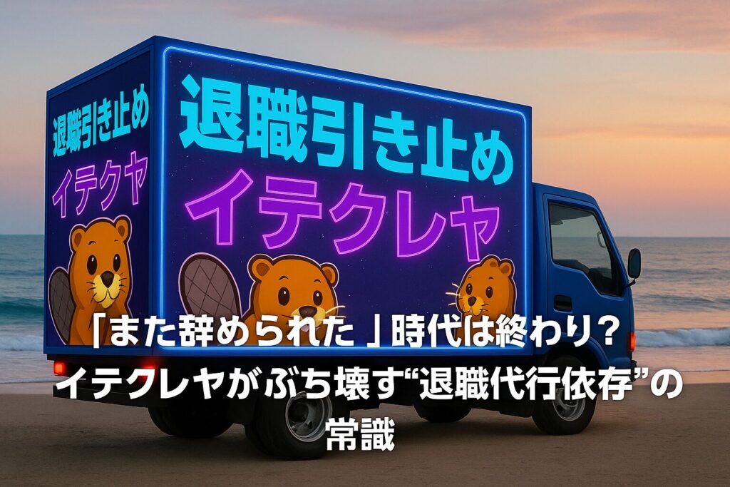 退職引き止めサービス イテクレヤの宣伝トラックが海辺を走行し、側面に退職引き止めの大型ネオン看板とキャラクターが描かれている様子