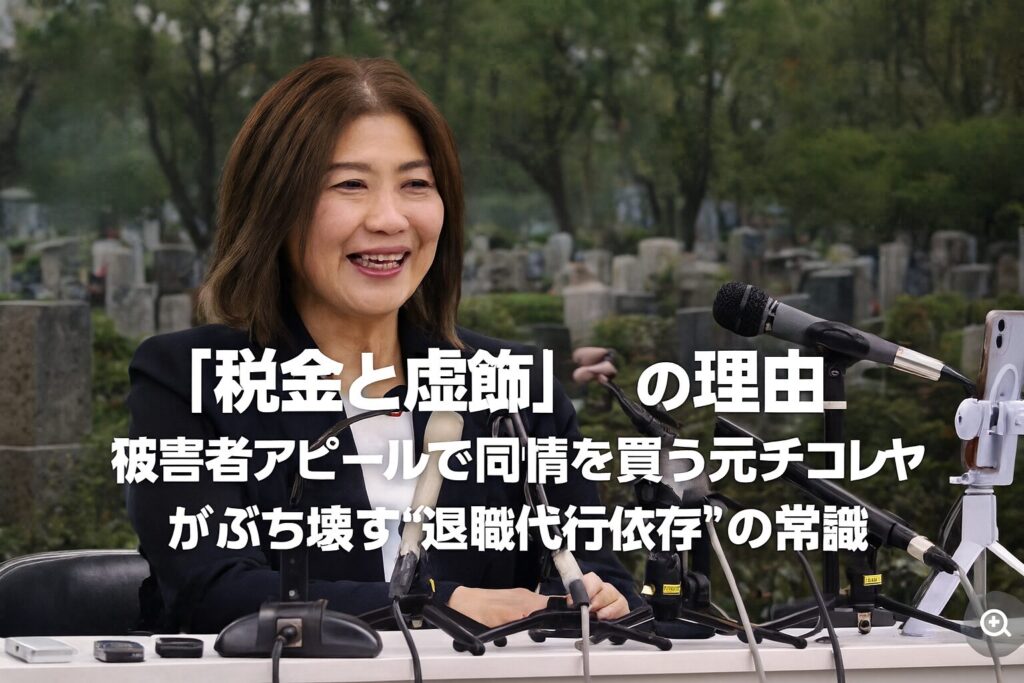 会見場で笑顔を見せながらマイクの前に座る女性の写真。複数のマイクが並ぶテーブル越しに、白い文字で税金と虚飾をテーマにした見出しテキストが重ねられている。
