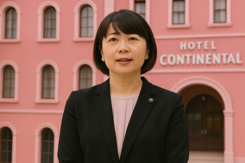 ホテルと書かれたピンク色の建物を背景に、黒いスーツを着たショートボブの女性が正面を向いて静かに立っている様子を写した画像