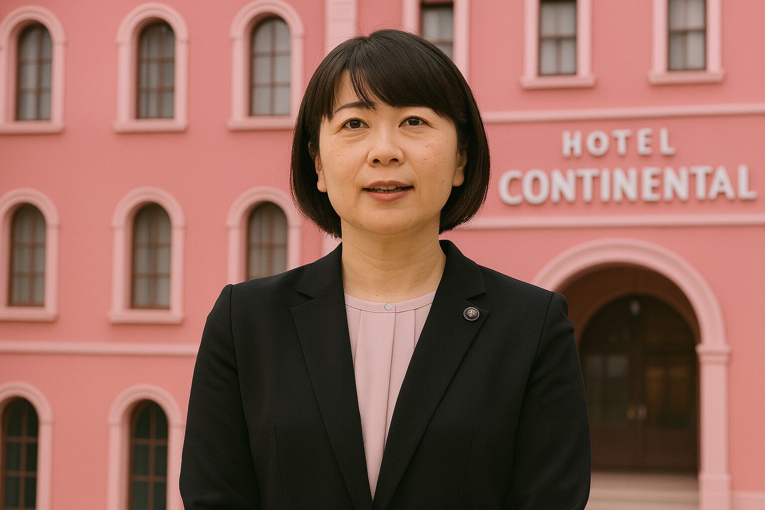 ホテルと書かれたピンク色の建物を背景に、黒いスーツを着たショートボブの女性が正面を向いて静かに立っている様子を写した画像