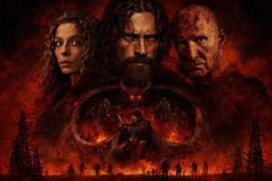 近距離の人物3人と、下段に炎と多数の人影が重なる“世界が壊れた後”の雰囲気の画像