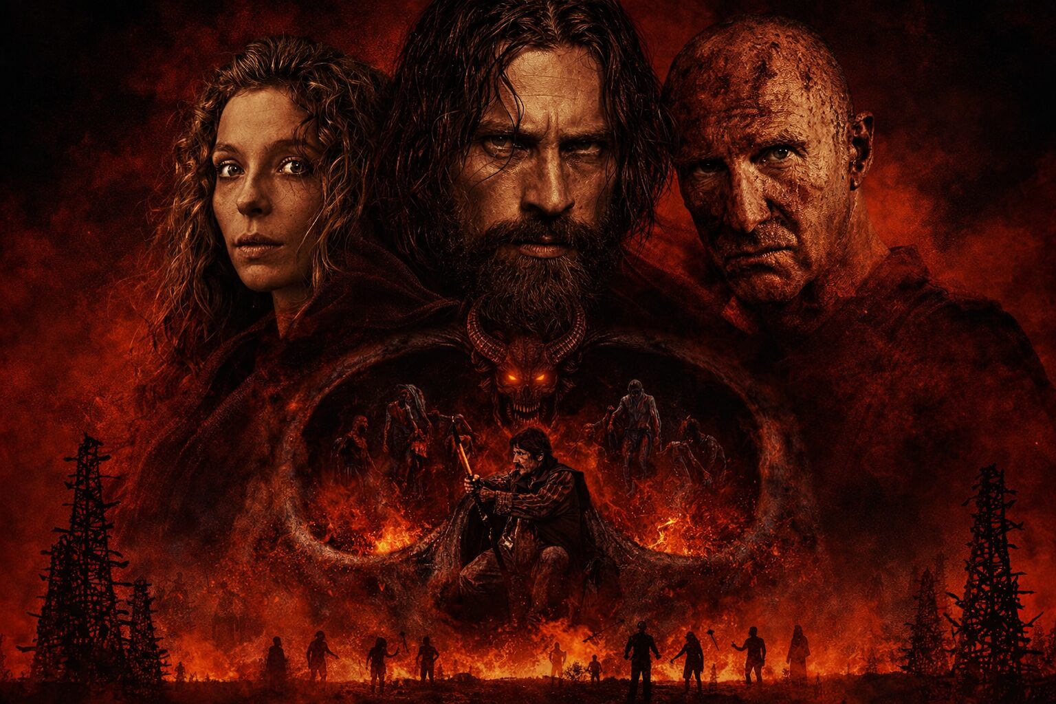 近距離の人物3人と、下段に炎と多数の人影が重なる“世界が壊れた後”の雰囲気の画像