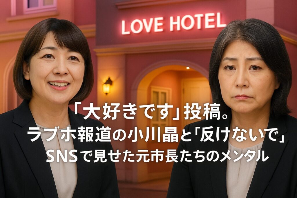 ピンク色のラブホテルの前で、黒いスーツを着た二人の女性が並んで写っており、左の女性は笑顔、右の女性は沈んだ表情をしている。画面中央には白い文字で見出しが表示されている画像。