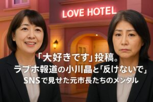 ピンク色のラブホテルの前で、黒いスーツを着た二人の女性が並んで写っており、左の女性は笑顔、右の女性は沈んだ表情をしている。画面中央には白い文字で見出しが表示されている画像。