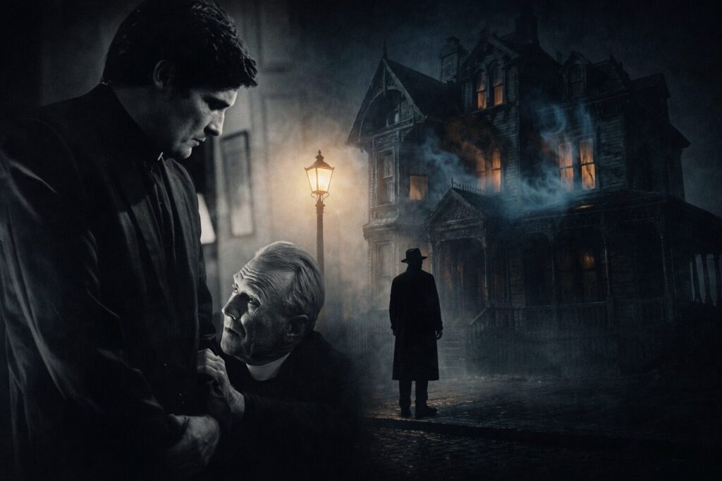 霧に包まれた夜、室内で神父が若い神父に語りかける場面と、外で古い洋館を見つめる黒いコートの人物を重ねたホラー映画風の合成イメージ