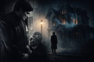 霧に包まれた夜、室内で神父が若い神父に語りかける場面と、外で古い洋館を見つめる黒いコートの人物を重ねたホラー映画風の合成イメージ