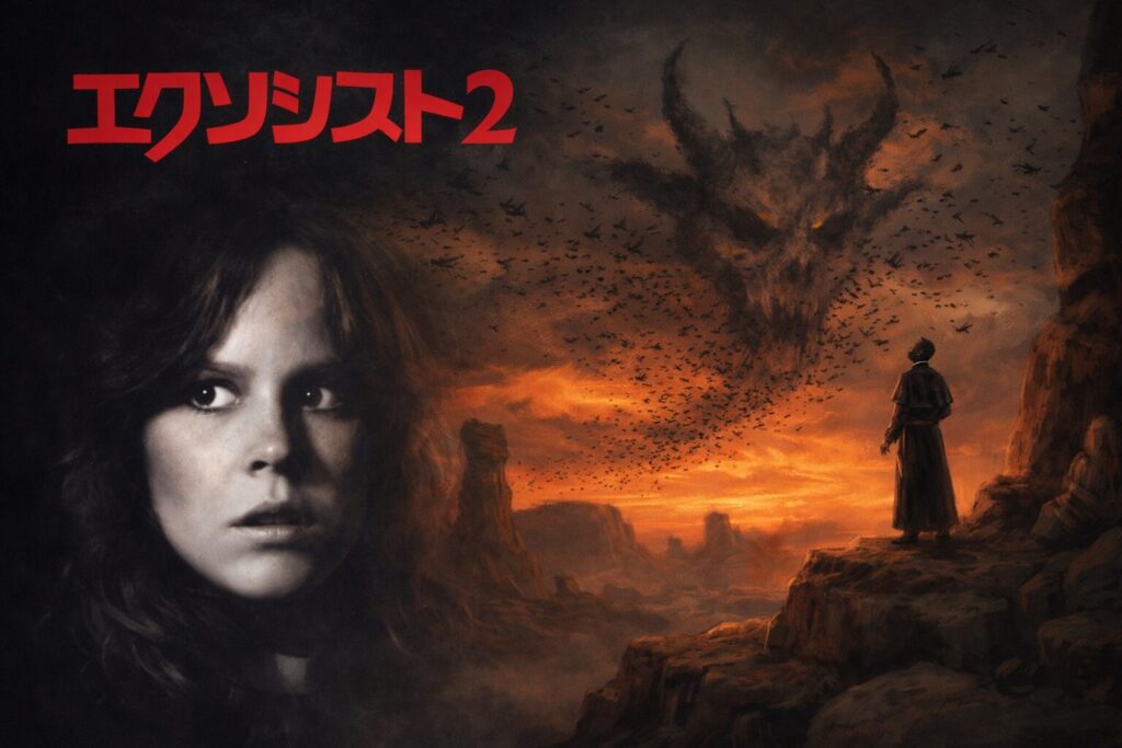 夕焼けに染まる荒野で神父が悪魔の顔を形作る群虫と対峙し、左側に不安げな少女の顔と赤文字の「エクソシスト2」のタイトルを配置した、黙示録的世界観のホラー映画コラボビジュアル