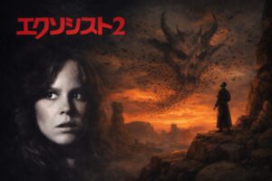 夕焼けに染まる荒野で神父が悪魔の顔を形作る群虫と対峙し、左側に不安げな少女の顔と赤文字の「エクソシスト2」のタイトルを配置した、黙示録的世界観のホラー映画コラボビジュアル