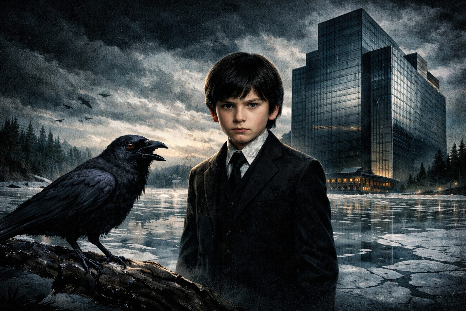 凍った湖のほとりに立つ少年と、不吉な黒いカラスを描いたホラー映画風コンセプトアート。背後には嵐の空の下、巨大なガラス張りの企業ビルがそびえ立ち、1970年代ホラーの重く陰鬱な雰囲気が広がっている。