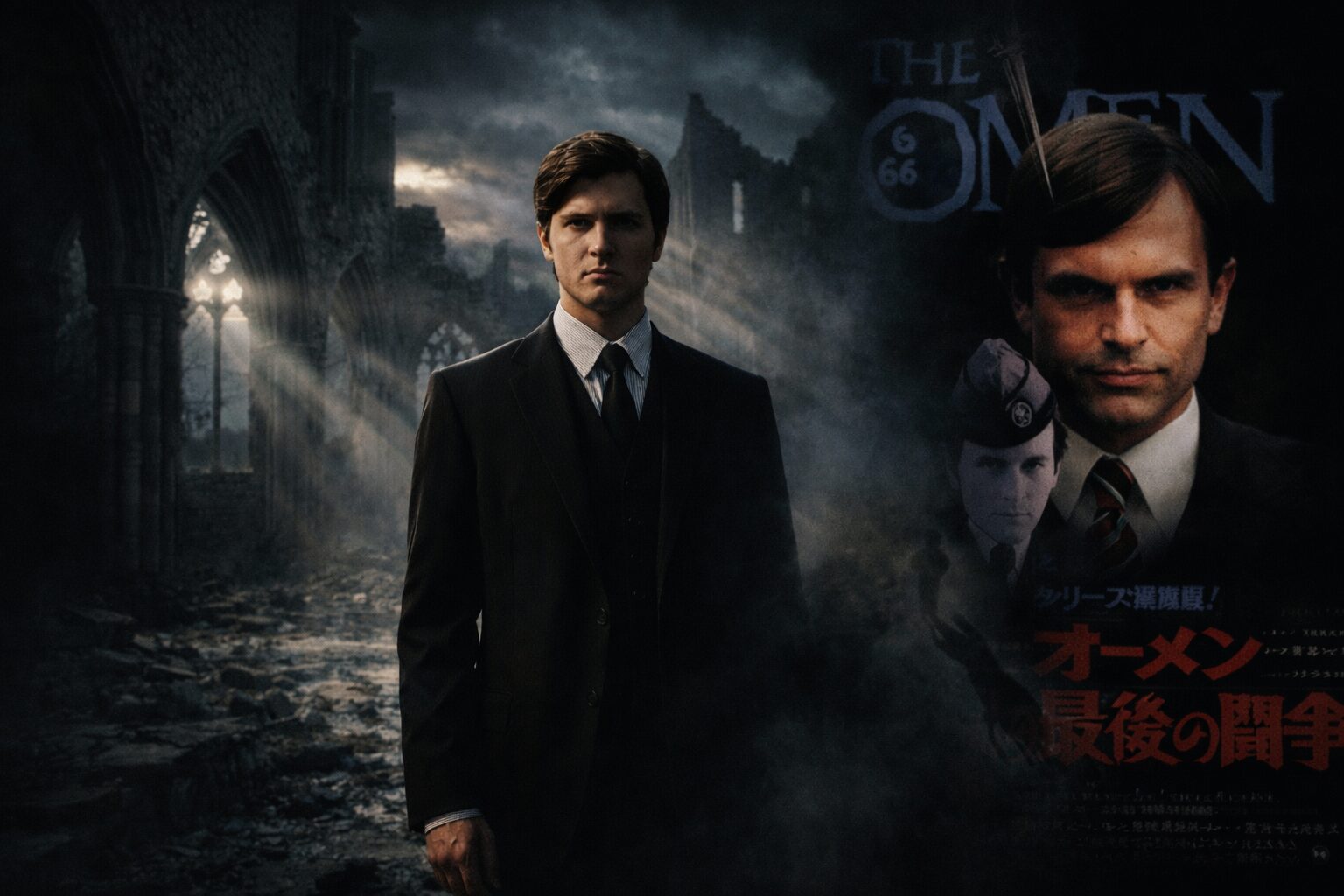 廃墟となった大聖堂に立つ黒いスーツの男性と、映画『オーメン』シリーズのビジュアルを融合させたホラー調のコラボ画像。闇と光が交差する中で、運命と恐怖の連続性を印象づけている。